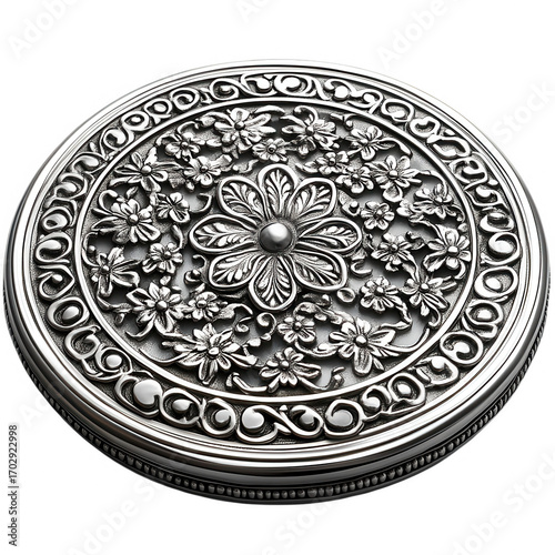 Ornate antique silver round box with intricate floral engraving and detailed decorative border isolated on transparent background