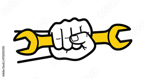 Powerful fist tightly grips golden wrench symbolizing strength, industry, and mechanical solutions