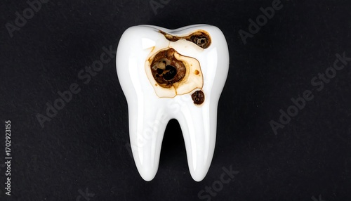 A ceramic tooth model with visible decay is set against a dark background, highlighting the damage