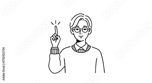Smart man with glasses points up, signaling a brilliant idea or important point