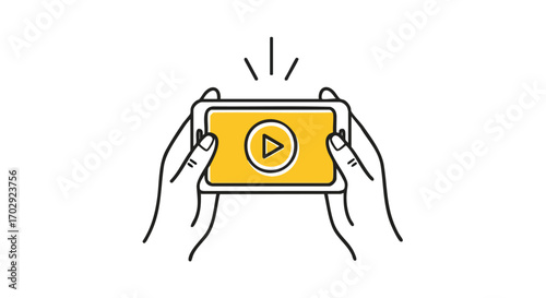 Hands holding smartphone playing vibrant video content on a bright yellow screen with play button