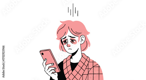Stressed young person looks at phone, feeling overwhelmed and burned out after long hours working