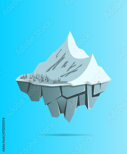 Vector illustration of floating snowy mountain with blue background. 