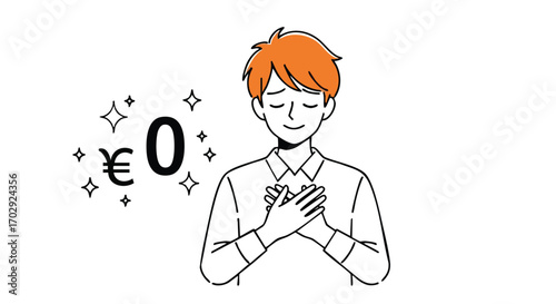 Young man feeling grateful for zero euro cost, celebrating financial freedom and savings