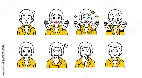 Expressive character faces showcase a range of human emotions from joy to frustration and contemplation