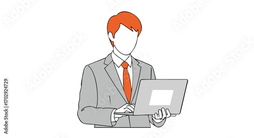 Professional businessman diligently working on laptop, presenting modern business concepts with confidence.