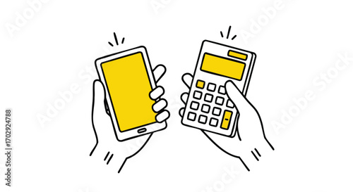 Hands holding smartphone and calculator, symbolizing financial planning and mobile technology