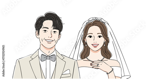 Joyful newlyweds beaming in elegant wedding attire, ready for their new life together.