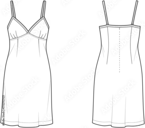 slip dress flat sketch technical illustration. front and back apparel template. women's slip dress CAD mock-up.
