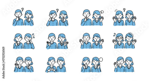 Diverse team expressing emotions with gestures, problem solving, and celebrating success in a dynamic vector set