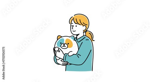 Joyful woman tenderly hugging a fluffy stuffed animal pet in a simple, clean illustration