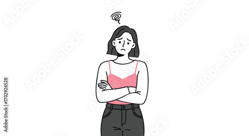 Frustrated young woman with arms crossed feels stressed and anxious because of problems or decisions