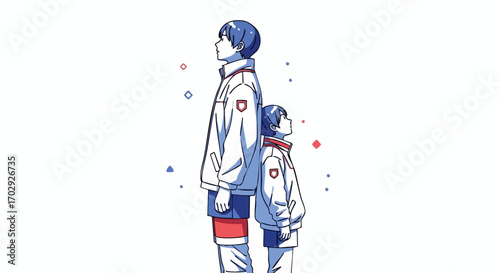 Two brothers standing back to back, looking up with hopeful expressions, modern style