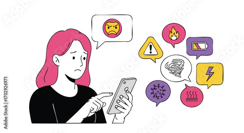 Worried woman overwhelmed by urgent alerts and bad news on her phone