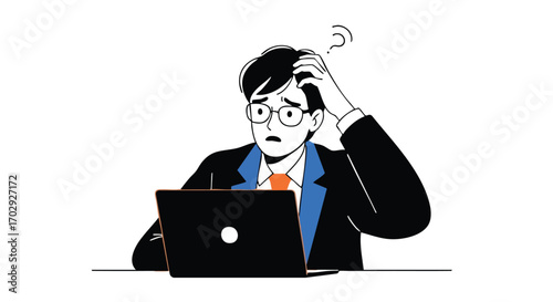 Confused businessman scratching head over laptop, struggling with complex problem or deadline