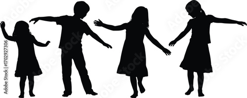 Children silhouette, playful kids, dancing pose, childhood joy, outdoor fun, expressive movement, black white contrast, artistic photo, happy moment, unity