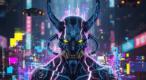 Vibrant digital art of a powerful horned demon with a glowing mask in a futuristic cyberpunk metropolis at night