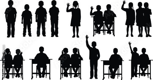  Children, classroom, silhouette, education, students, learning, school, desks, raising hands, group, teaching, study, kids, academic, teamwork, interaction, posture, behavior, youth, engagement