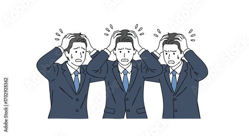 Stressed businessmen grabbing heads in panic, overwhelmed by urgent deadline pressure and business failure
