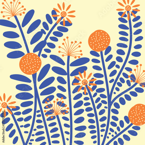 Seamless Floral Pattern with Orange Flowers and Blue Leaves on Light Background