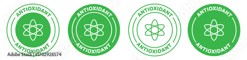 Antioxidant Logos in Circular Design with Atom Symbol, Isolated on White Background