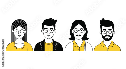 Diverse group of stylized people portraits with glasses and yellow accents for modern business and lifestyle concepts