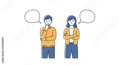 Couple pondering difficult questions with thought bubbles, seeking solutions together