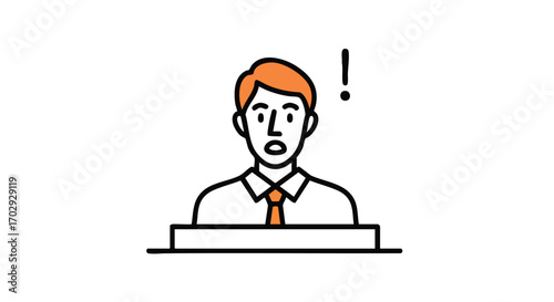 Shocked businessman reacts to unexpected news with exclamation mark, conveying surprise and urgency