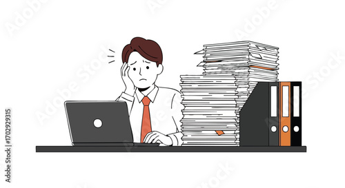 Overwhelmed businessman struggling with massive paperwork and deadlines at his desk with laptop