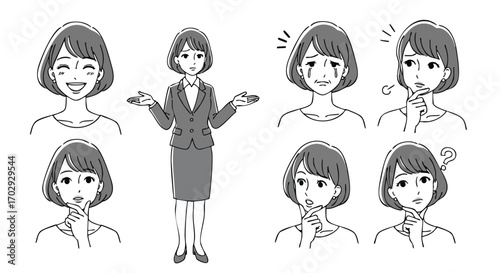 Illustrative businesswoman expressions showing doubt, joy, and sadness for emotional concepts