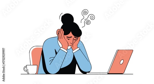 Overwhelmed businesswoman feeling exhausted and stressed while working late at her desk with laptop