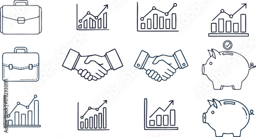 A comprehensive set of outline icons representing key financial and corporate elements, including strategic investments, collaborative agreements, and economic progress