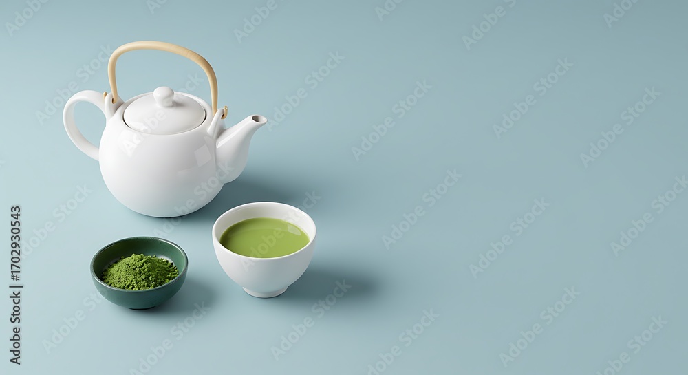 Fototapeta premium Exclusive Minimalist flat lay of green tea essentials with a ceramic teapot, cup, and matcha powder against a pastel background HD Image