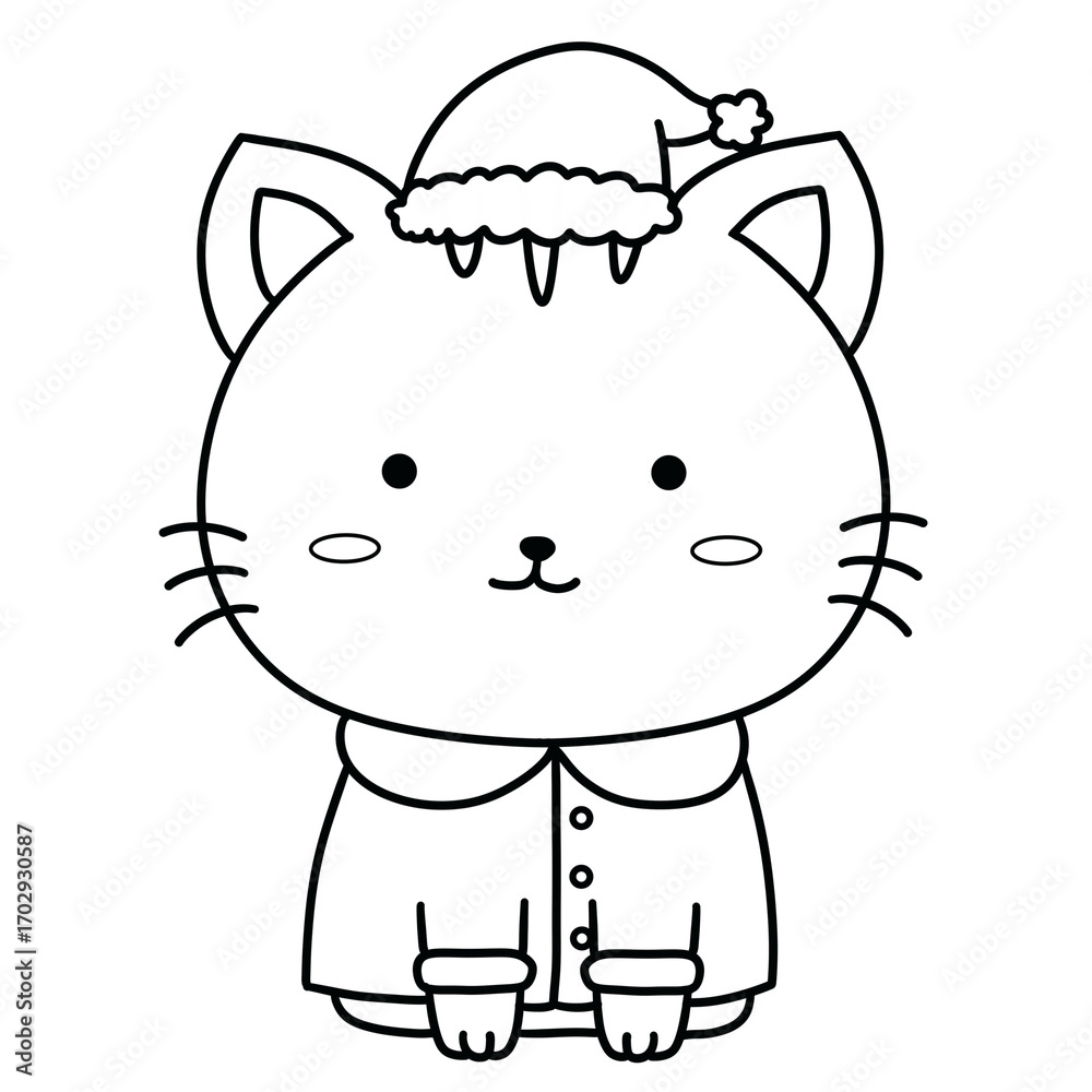 Obraz premium Cute black and white cat wearing Christmas hat and coat with joyful expression perfect for holiday celebration designs
