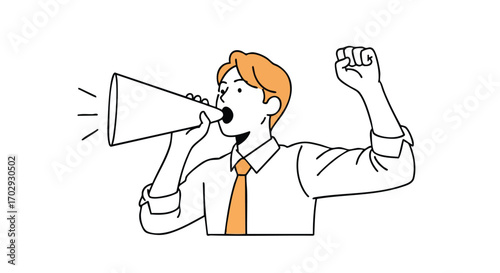Dynamic professional announces important news with a megaphone and raised fist, exuding confidence