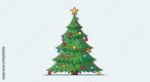 Festive decorated Christmas tree with ornaments and star, symbolizing holiday cheer and winter season celebrations