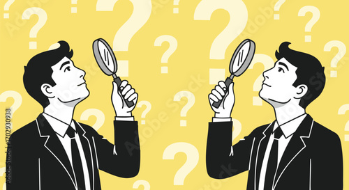 Curious businessman examining options with magnifying glass amidst question marks, seeking answers