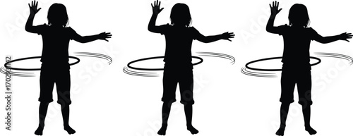 Hula hoop silhouette, fitness motion, active lifestyle, rhythmic exercise, dance movement, black figure, workout concept, energetic pose, health activity, body coordination