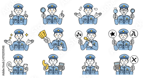 Friendly police officer illustration collection showing various actions and tools for engaging visual stories.