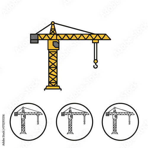 A vibrant yellow tower crane illustration in a clean, flat design style, accompanied by three monochrome icon variations, symbolizing construction and development.