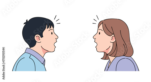 Surprised man and woman in profile, mouths open, sharing a moment of shock and awe together.