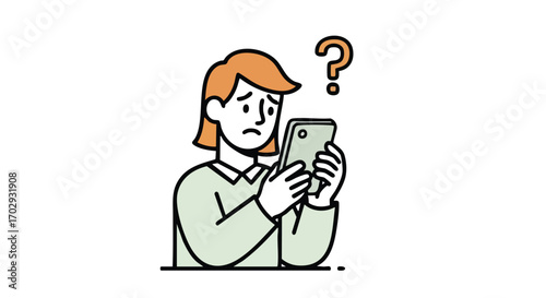 Confused person holding phone with question mark symbol above head, seeking answers online