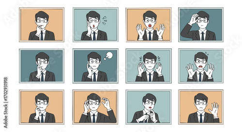 Diverse emotions of a businessman in various situations, perfect for expressing feelings and professional scenarios