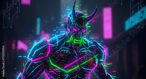 Cyberpunk Oni Mask with Glowing Neon Accents and Circuit Details