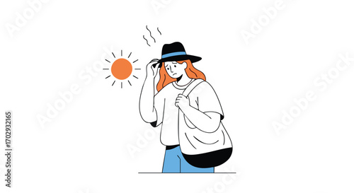 Woman feeling overheated under bright sun, seeking relief from summer heatwave