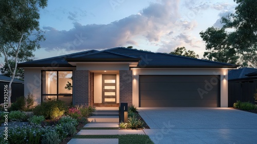 Modern home exterior dusk