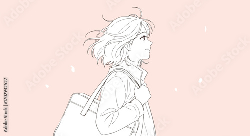 Young woman with flowing hair carries bag through gentle falling petals, hopeful expression
