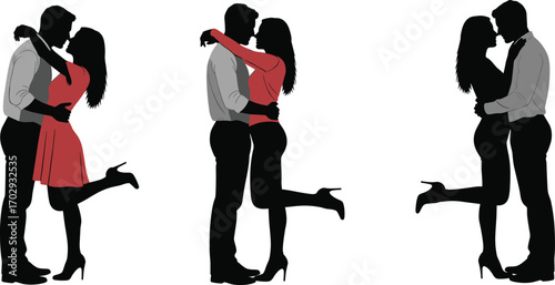  Romantic couple silhouette, love embrace pose, passionate moment, red dress, affectionate gesture, stylish clothing, intimate connection, emotional bond, high heels