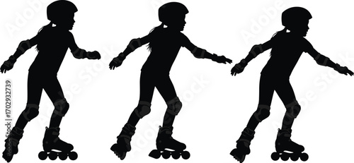 Roller skating silhouette, safety gear, helmet, knee pads, wrist guards, motion sequence, skating technique, outdoor sport, active lifestyle, fitness, balance, movement, protective equipment