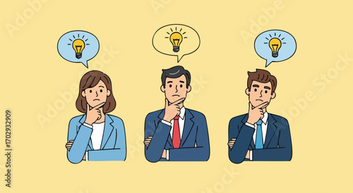 Diverse business team pondering innovative ideas with glowing lightbulbs above heads